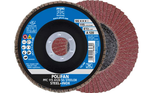PFERD 62205 Polifan Flap Disc | 7/8" Arbor Hole | 4-1/2" Diameter | Aluminum Oxide 120 Grit | Conical | Sold by Box of 10 PFERD 62205 Polifan Flap Disc | 7/8" Arbor Hole | 4-1/2" Diameter | Aluminum Oxide 120 Grit | Conical | Sold by Box of 10