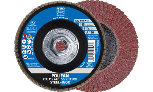 PFERD 62305 Polifan Flap Disc | 5/8-11" Arbor Hole | 4-1/2" Diameter | Aluminum Oxide 120 Grit | Conical | Sold by Box of 10 PFERD 62305 Polifan Flap Disc | 5/8-11" Arbor Hole | 4-1/2" Diameter | Aluminum Oxide 120 Grit | Conical | Sold by Box of 10