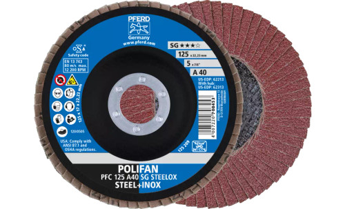 PFERD 62213 Polifan Flap Disc | 7/8" Arbor Hole | 5" Diameter | Aluminum Oxide 60 Grit | Conical | Sold by Box of 10 PFERD 62213 Polifan Flap Disc | 7/8" Arbor Hole | 5" Diameter | Aluminum Oxide 60 Grit | Conical | Sold by Box of 10