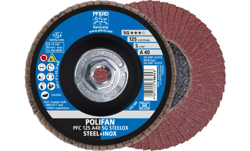 Pferd 62313 SG Steelox Polifan Flap Disc | 5/8-11" Arbor Hole | 5" Diameter | Aluminum Oxide 40 Grit | Type 29 | Sold by Box of 10