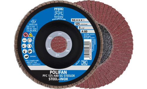 Pferd 62215 SG Steelox Polifan Flap Disc | 7/8" Arbor Hole | 5" Diameter | Aluminum Oxide 80 Grit | Type 29 | Sold by Box of 10