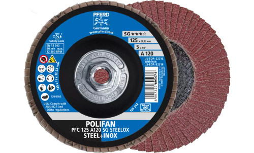 Pferd 62316 SG Steelox Polifan Flap Disc | 5/8-11" Arbor Hole | 5" Diameter | Aluminum Oxide 120 Grit | Type 29 | Sold by Box of 10