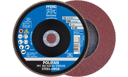 Pferd 62208 SG Steelox Polifan Flap Disc | 7/8" Arbor Hole | 7" Diameter | Aluminum Oxide 40 Grit | Type 29 | Sold by Box of 10