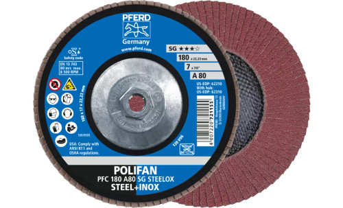 Pferd 62310 SG Steelox Polifan Flap Disc | 5/8-11" Arbor Hole | 7" Diameter | Aluminum Oxide 80 Grit | Type 29 | Sold by Box of 10