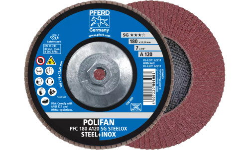 Pferd 62311 SG Steelox Polifan Flap Disc | 5/8-11" Arbor Hole | 7" Diameter | Aluminum Oxide 120 Grit | Type 29 | Sold by Box of 10