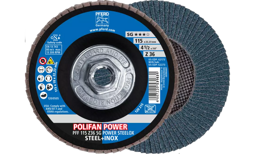 Pferd 62273 Polifan Flap Disc | 5/8-11" Arbor Hole | 4-1/2" Diameter | Zirconia Alumina 36 Grit | Type 27 | Sold by Box of 10