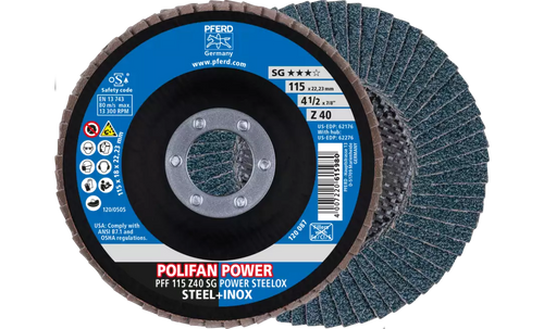 Pferd 62176 Polifan Flap Disc | 7/8" Arbor Hole | 4-1/2" Diameter | Zirconia Alumina 40 Grit | Type 27 | Sold by Box of 10