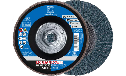 Pferd 62276 Polifan Flap Disc | 5/8-11" Arbor Hole | 4-1/2" Diameter | Zirconia Alumina 40 Grit | Type 27 | Sold by Box of 10