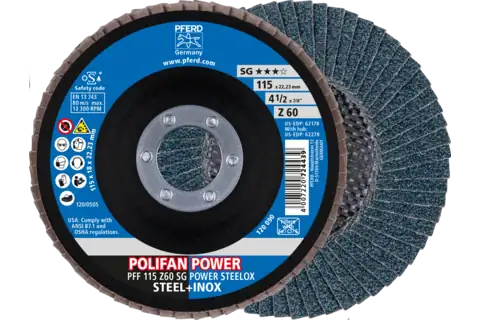 Pferd 62178 Polifan Flap Disc | 7/8" Arbor Hole | 4-1/2" Diameter | Zirconia Alumina 60 Grit | Type 27 | Sold by Box of 10