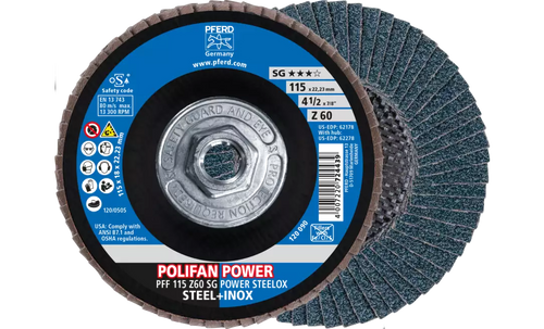 Pferd 62278 Polifan Flap Disc | 5/8-11" Arbor Hole | 4-1/2" Diameter | Zirconia Alumina 60 Grit | Type 27 | Sold by Box of 10