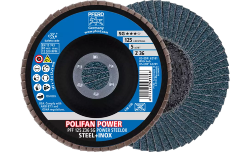 Pferd 62181 Polifan Flap Disc | 7/8" Arbor Hole | 5" Diameter | Zirconia Alumina 36 Grit | Type 27 | Sold by Box of 10