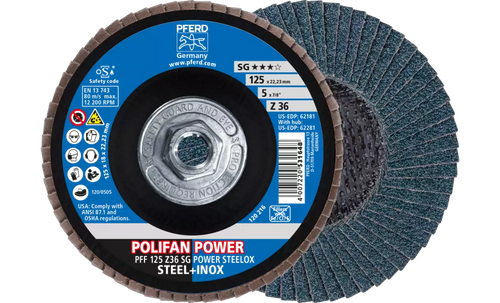 Pferd 62281 Polifan Flap Disc | 5/8-11 Arbor Hole | 5" Diameter | Zirconia Alumina 36 Grit | Type 27 | Sold by Box of 10