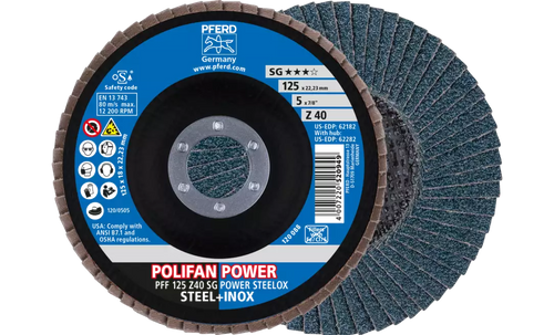 Pferd 62182 Polifan Flap Disc | 7/8" Arbor Hole | 5" Diameter | Zirconia Alumina 40 Grit | Type 27 | Sold by Box of 10