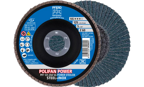 Pferd 62184 Polifan Flap Disc | 7/8" Arbor Hole | 5" Diameter | Zirconia Alumina 60 Grit | Type 27 | Sold by Box of 10