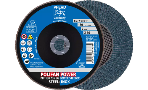 Pferd 62187 Polifan Flap Disc | 7/8" Arbor Hole | 7" Diameter | Zirconia Alumina 36 Grit | Type 27 | Sold by Box of 10