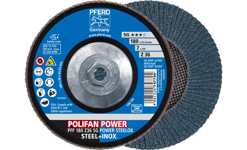 Pferd 62287 Polifan Flap Disc | 5/8-11" Arbor Hole | 7" Diameter | Zirconia Alumina 36 Grit | Type 27 | Sold by Box of 10