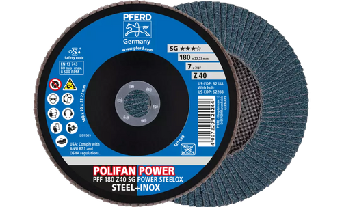 Pferd 62188 Polifan Flap Disc | 7/8" Arbor Hole | 7" Diameter | Zirconia Alumina 40 Grit | Type 27 | Sold by Box of 10