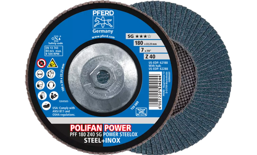 Pferd 62288 Polifan Flap Disc | 5/8-11" Arbor Hole | 7" Diameter | Zirconia Alumina 40 Grit | Type 27 | Sold by Box of 10