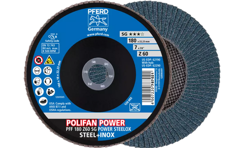 Pferd 62190 Polifan Flap Disc | 7/8" Arbor Hole | 7" Diameter | Zirconia Alumina 60 Grit | Type 27 | Sold by Box of 10
