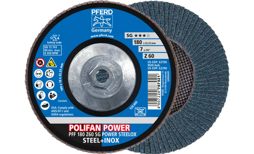 Pferd 62290 Polifan Flap Disc | 5/8-11" Arbor Hole | 7" Diameter | Zirconia Alumina 60 Grit | Type 27 | Sold by Box of 10