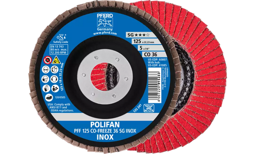 Pferd 60807 Polifan Flap Disc | 7/8" Arbor Hole | 5" Diameter | Ceramic Oxide 36 Grit | Type 27 | Sold by Box of 10