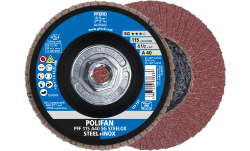 PFERD 62250 Polifan Flap Disc | 5/8-11" Arbor Hole | 4-1/2" Diameter | Aluminum Oxide 40 Grit | Flat | Sold by Box of 10 PFERD 62250 Polifan Flap Disc | 5/8-11" Arbor Hole | 4-1/2" Diameter | Aluminum Oxide 40 Grit | Flat | Sold by Box of 10