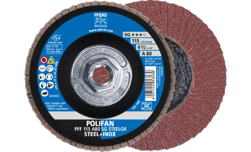 Pferd 62254 SG Steelox Polifan Flap Disc | 5/8-11" Arbor Hole | 4-1/2" Diameter | Aluminum Oxide 80 Grit | Type 27 | Sold by Box of 10