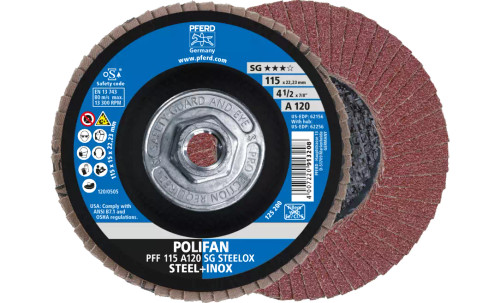 PFERD 62256 Polifan Flap Disc | 5/8-11" Arbor Hole | 4-1/2" Diameter | Aluminum Oxide 120 Grit | Flat | Sold by Box of 10 PFERD 62256 Polifan Flap Disc | 5/8-11" Arbor Hole | 4-1/2" Diameter | Aluminum Oxide 120 Grit | Flat | Sold by Box of 10