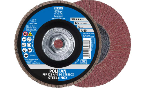 Pferd 62258 SG Steelox Polifan Flap Disc | 5/8-11" Arbor Hole | 5" Diameter | Aluminum Oxide 40 Grit | Type 27 | Sold by Box of 10