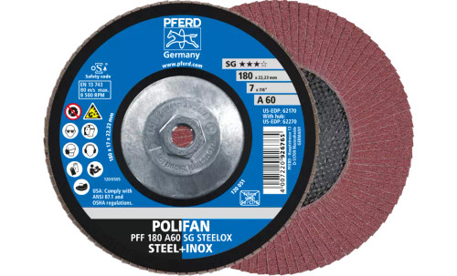 Pferd 62270 SG Steelox Polifan Flap Disc | 5/8-11" Arbor Hole | 7" Diameter | Aluminum Oxide 60 Grit | Type 27 | Sold by Box of 10