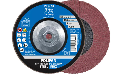 Pferd 62272 SG Steelox Polifan Flap Disc | 5/8-11" Arbor Hole | 7" Diameter | Aluminum Oxide 80 Grit | Type 27 | Sold by Box of 10