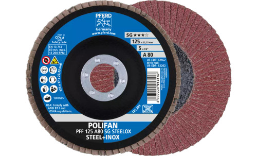PFERD 62162 Polifan Flap Disc | 7/8" Arbor Hole | 5" Diameter | Aluminum Oxide 80 Grit | Flat | Sold by Box of 10 PFERD 62162 Polifan Flap Disc | 7/8" Arbor Hole | 5" Diameter | Aluminum Oxide 80 Grit | Flat | Sold by Box of 10
