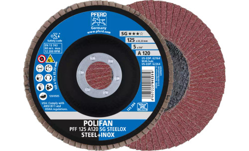 PFERD 62164 Polifan Flap Disc | 7/8" Arbor Hole | 5" Diameter | Aluminum Oxide 120 Grit | Flat | Sold by Box of 10 PFERD 62164 Polifan Flap Disc | 7/8" Arbor Hole | 5" Diameter | Aluminum Oxide 120 Grit | Flat | Sold by Box of 10
