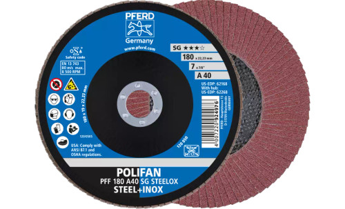 PFERD 62168 Polifan Flap Disc | 7/8" Arbor Hole | 7" Diameter | Aluminum Oxide 40 Grit | Flat | Sold by Box of 10 PFERD 62168 Polifan Flap Disc | 7/8" Arbor Hole | 7" Diameter | Aluminum Oxide 40 Grit | Flat | Sold by Box of 10