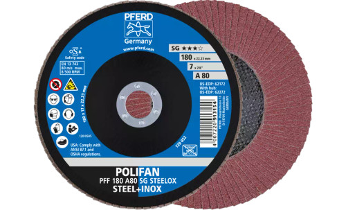 Pferd 62172 SG Steelox Polifan Flap Disc | 7/8" Arbor Hole | 7" Diameter | Aluminum Oxide 80 Grit | Type 27 | Sold by Box of 10