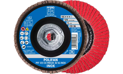 Pferd 61085 Polifan Flap Disc | 5/8-11" Arbor Hole | 5" Diameter | Ceramic Oxide 36 Grit | Type 27 | Sold by Box of 10