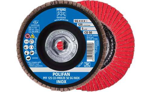 Pferd 61086 Polifan Flap Disc | 5/8-11" Arbor Hole | 5" Diameter | Ceramic Oxide 50 Grit | Type 27 | Sold by Box of 10