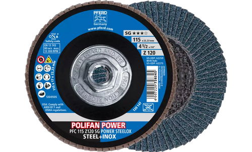Pferd 62275 Polifan Flap Disc | 5/8-11" Arbor Hole | 4-1/2" Diameter | Zirconia Alumina 120 Grit | Type 29 | Sold by Box of 10