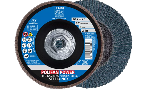 PFERD 62291 Polifan Flap Disc | 5/8-11" Arbor Hole | 5" Diameter | Zirconia Alumina 80 Grit | Conical | Sold by Box of 10 PFERD 62291 Polifan Flap Disc | 5/8-11" Arbor Hole | 5" Diameter | Zirconia Alumina 80 Grit | Conical | Sold by Box of 10