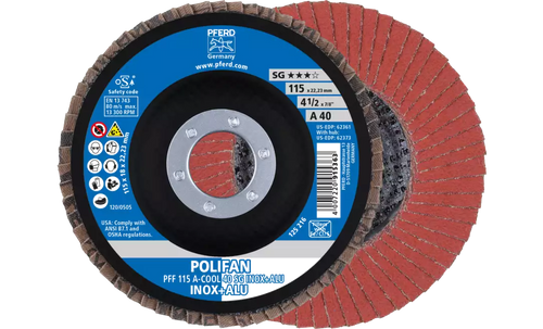 Pferd 62361 Polifan Flap Disc | 4-1/2" Diameter | 7/8" Arbor Hole | Aluminum Oxide 40 Grit | Type 27 | Sold by Box of 10