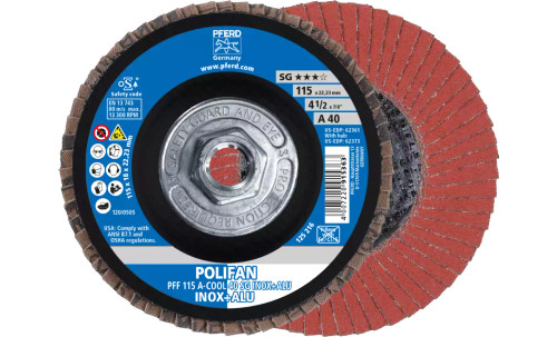 Pferd 62373 Polifan Flap Disc | 4-1/2" Diameter | 5/8-11" Arbor Hole | Aluminum Oxide 40 Grit | Type 27 | Sold by Box of 10
