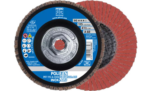 Pferd 62374 Polifan Flap Disc | 4-1/2" Diameter | 5/8-11" Arbor Hole | Aluminum Oxide 60 Grit | Type 27 | Sold by Box of 10