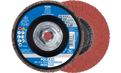 PFERD 62375 Polifan Flap Disc | 5/8-11" Arbor Hole | 4-1/2" Diameter | Aluminum Oxide 80 Grit | Flat | Sold by Box of 10 PFERD 62375 Polifan Flap Disc | 5/8-11" Arbor Hole | 4-1/2" Diameter | Aluminum Oxide 80 Grit | Flat | Sold by Box of 10