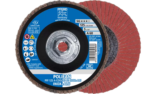 Pferd 62378 Polifan Flap Disc | 5" Diameter | 5/8-11" Arbor Hole | Aluminum Oxide 60 Grit | Type 27 | Sold by Box of 10