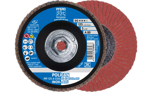 Pferd 62379 Polifan Flap Disc | 5" Diameter | 5/8-11" Arbor Hole | Aluminum Oxide 80 Grit | Type 27 | Sold by Box of 10