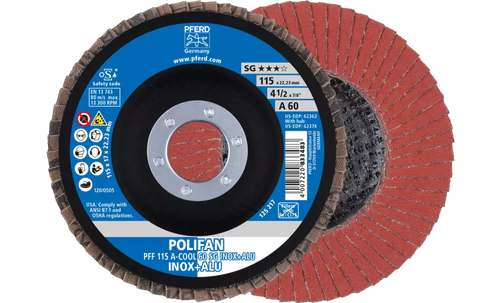 Pferd 62362 Polifan Flap Disc | 4-1/2" Diameter | 7/8" Arbor Hole | Aluminum Oxide 60 Grit | Type 27 | Sold by Box of 10