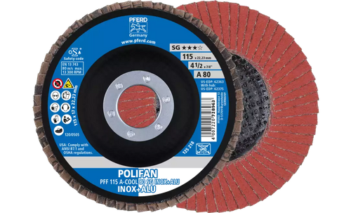 Pferd 62363 Polifan Flap Disc | 4-1/2" Diameter | 7/8" Arbor Hole | Aluminum Oxide 80 Grit | Type 27 | Sold by Box of 10