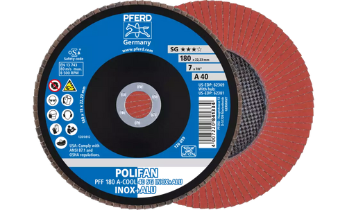 Pferd 62369 Polifan Flap Disc | 7" Diameter | 7/8" Arbor Hole | Aluminum Oxide 40 Grit | Type 27 | Sold by Box of 10