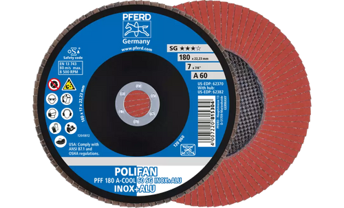 Pferd 62370 Polifan Flap Disc | 7" Diameter | 7/8" Arbor Hole | Aluminum Oxide 60 Grit | Type 27 | Sold by Box of 10