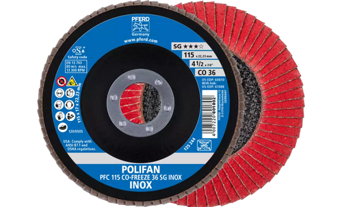 Pferd 60810 Polifan Flap Disc | 7/8" Arbor Hole | 4-1/2" Diameter | Ceramic Oxide 36 Grit | Type 29 | Sold by Box of 10